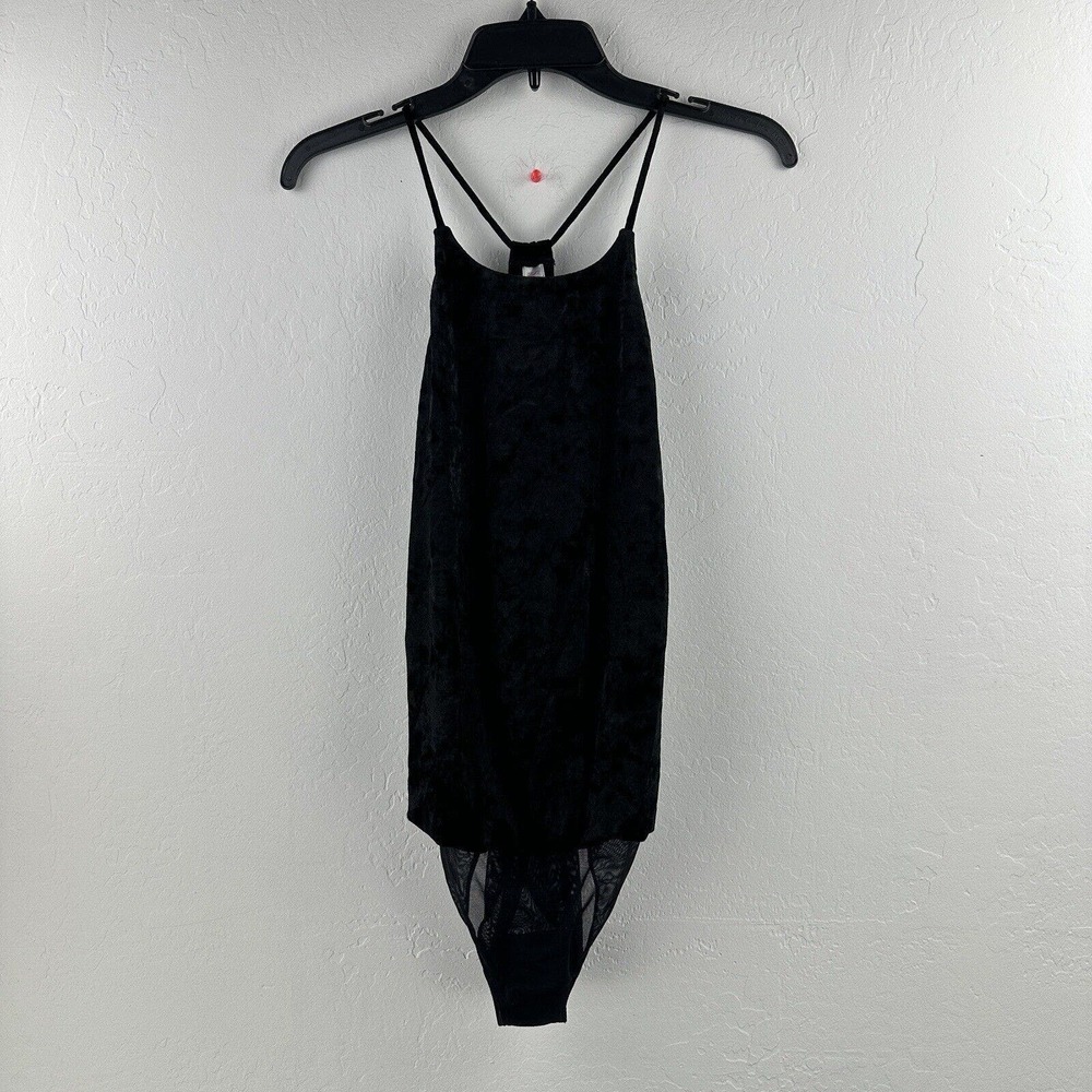 Saki Silver Women Black Bodysuit S Racerback Spaghetti Straps‎ Crushed Velvet